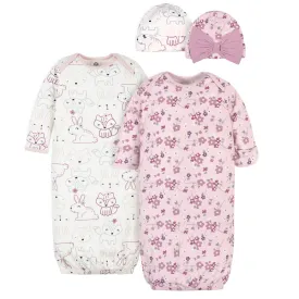 4-Piece Organic Baby Girls Fox Gowns & Caps