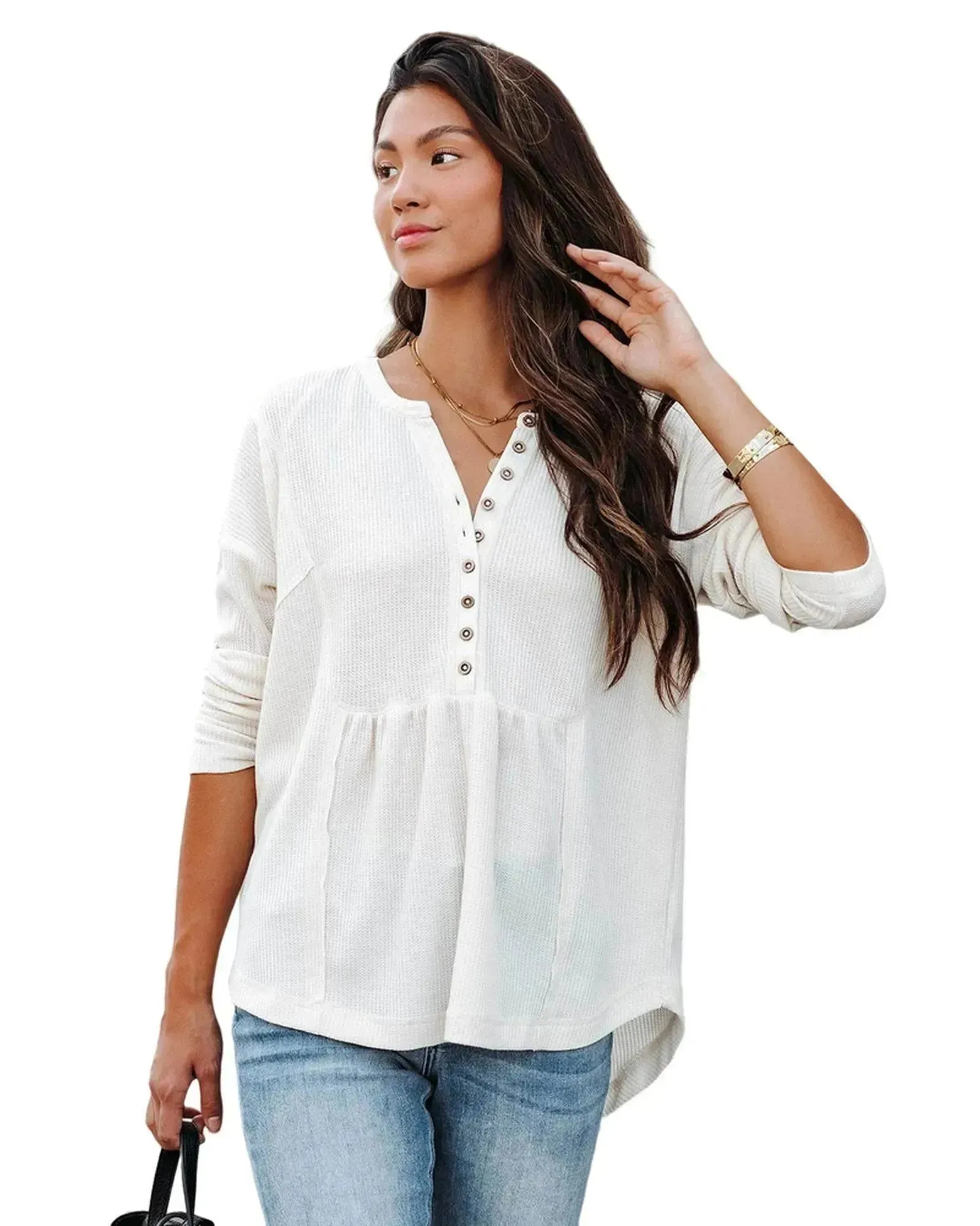 Azura Exchange Waffle Knit Half Button Henley Top - S