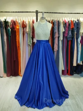 Ball Gown Jewel Floor-Length Satin Evening Dresses With Rhinestone