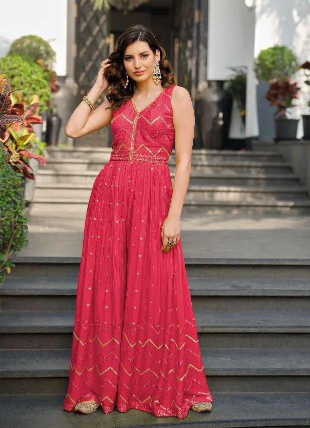 Beautiful Pink Colored Chinon Embroidery Work Jump Suit For Women