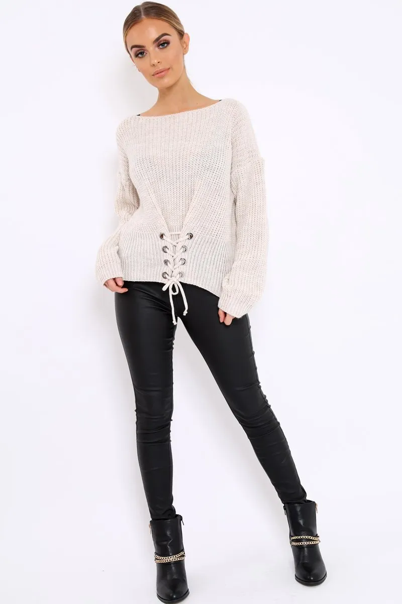 Beige Chunky Knit Corset Waist Knitted Jumper - Mikayla