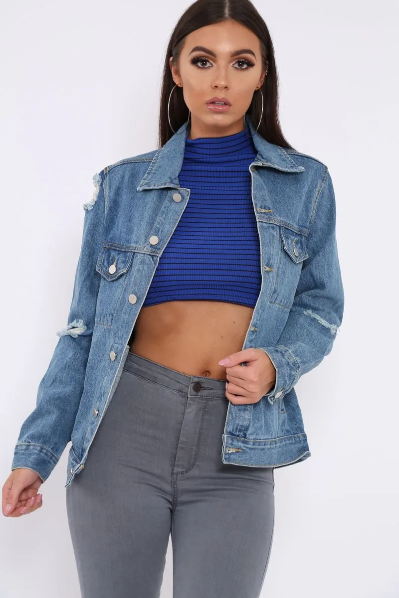 Blue Distressed Denim Jacket - Friya