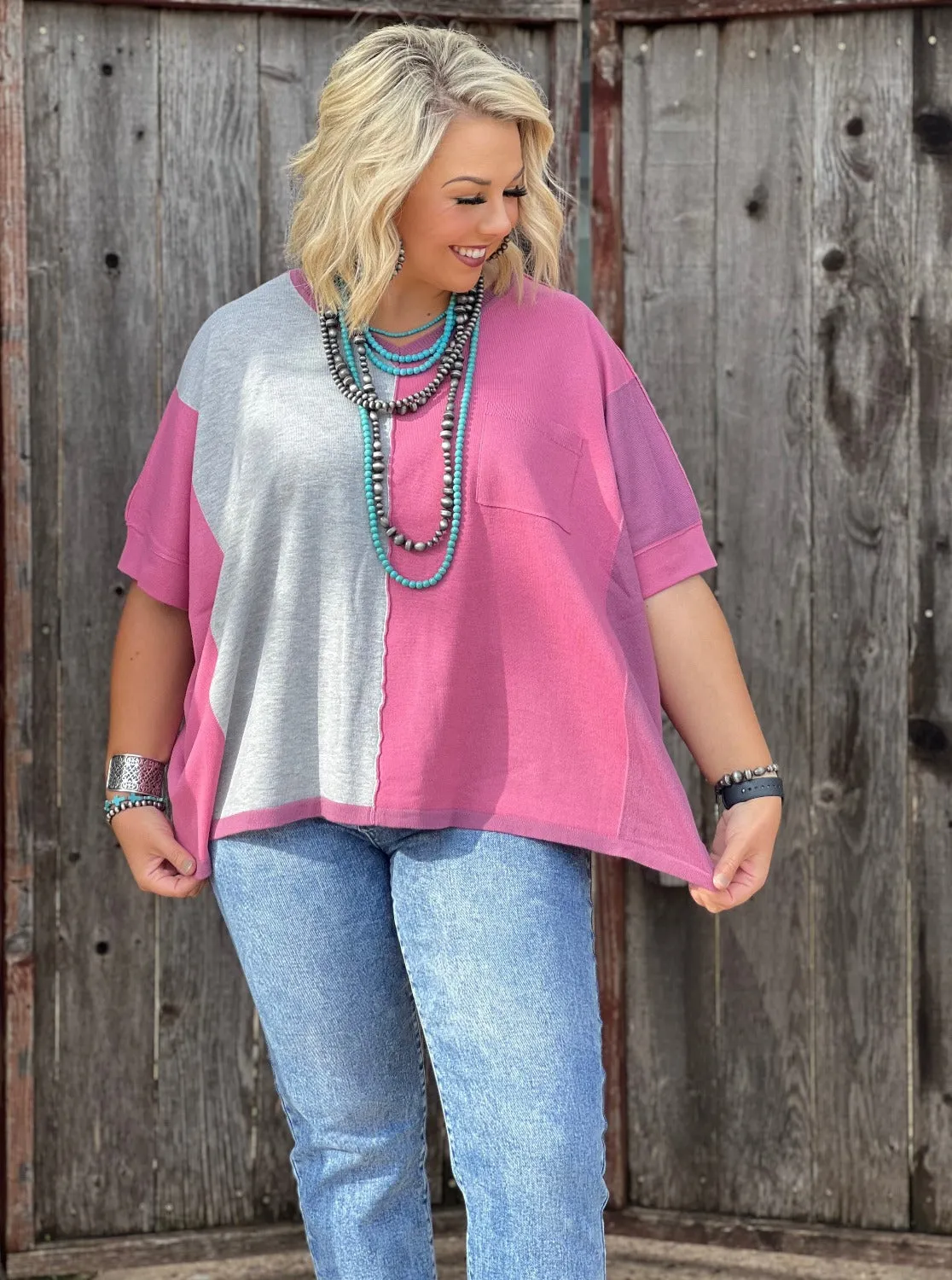 Britney Pink & Grey Color Block Drop Sleeve Top