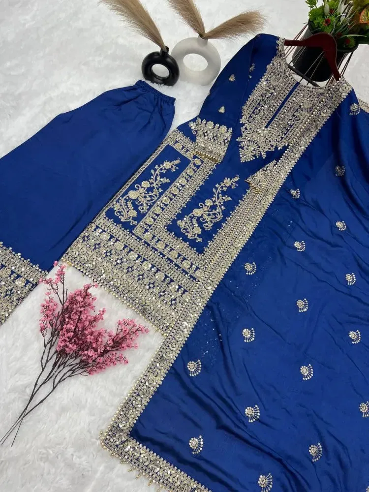 Charming Royal Blue Color Pure Chinon Embroidery And Dori Sequence Work Palazzo Suits For Women