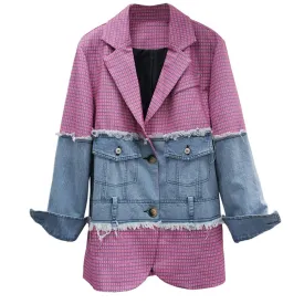 Colorblock Patchwork Denim Jackets For Women Lapel Long Sleeve Casual Autumn Jacket Female Fashion Clothing