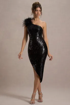 Crystella | Black Sequin Asymmetric Feather Midi Dress