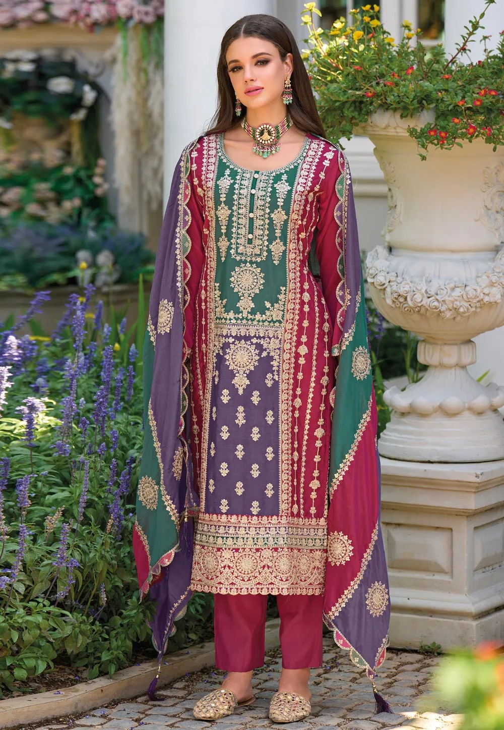 Dazzling Pink Color Chinon Embroidered Salwar Kameez For Women