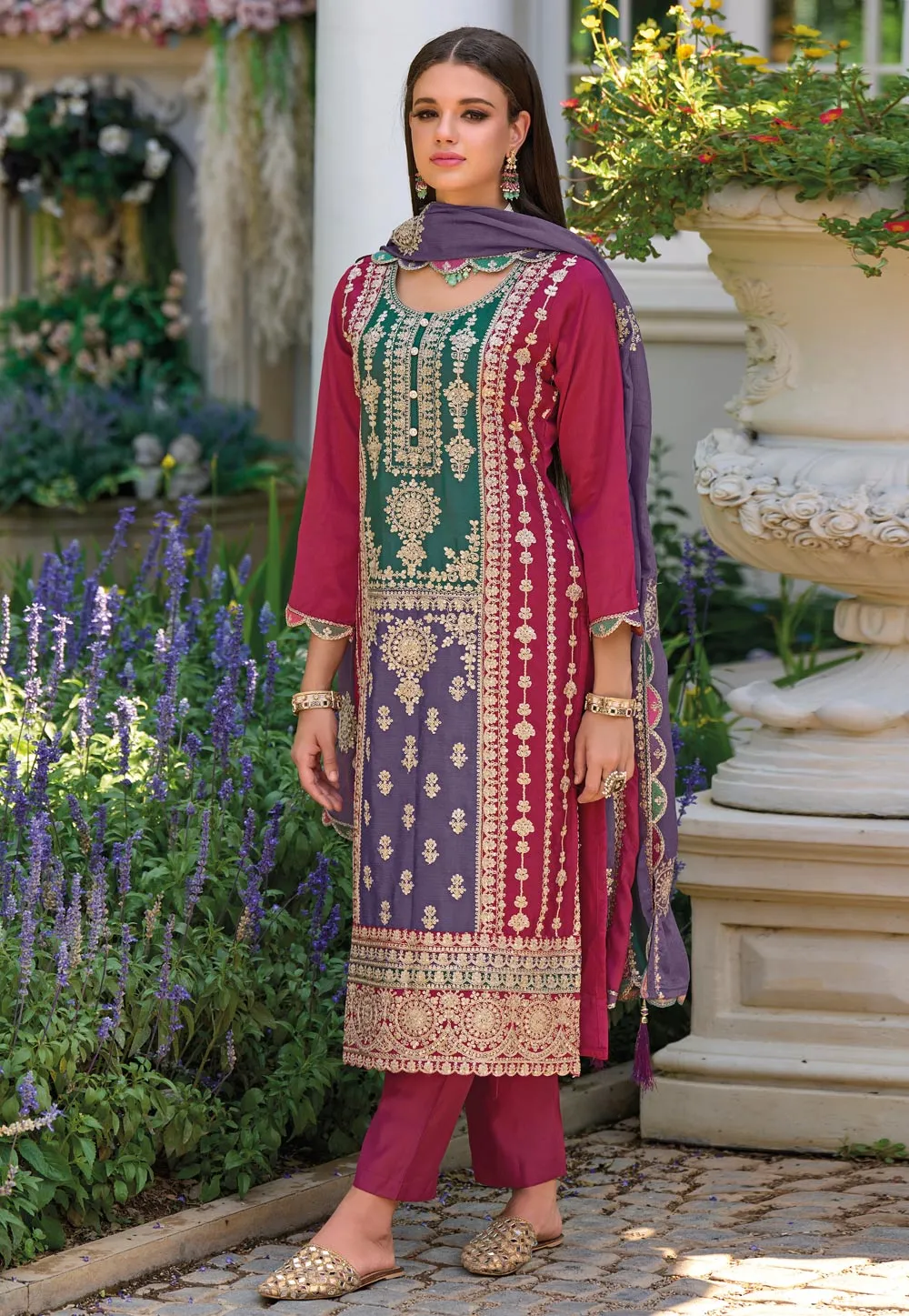 Dazzling Pink Color Chinon Embroidered Salwar Kameez For Women