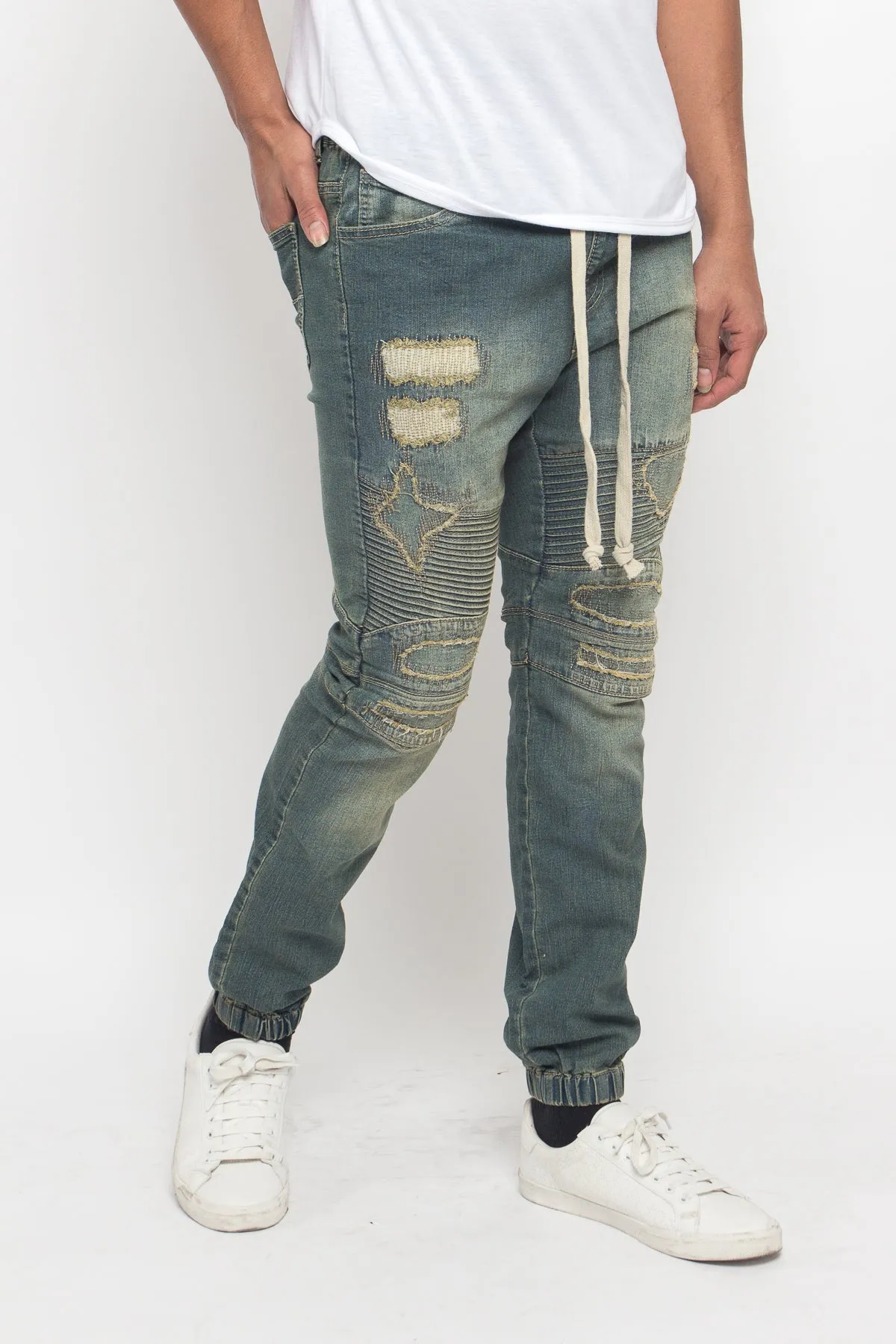 Distressed Biker Denim Jogger Pants