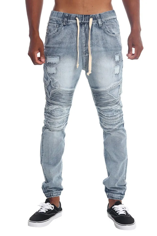 Distressed Biker Denim Jogger Pants