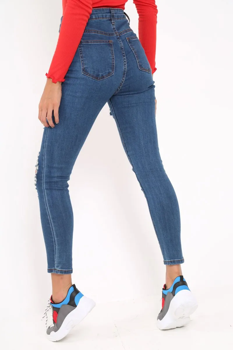 Distressed Dark Denim Skinny Jeans - Delanie