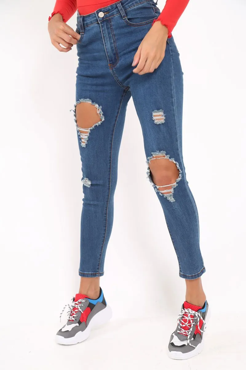 Distressed Dark Denim Skinny Jeans - Delanie