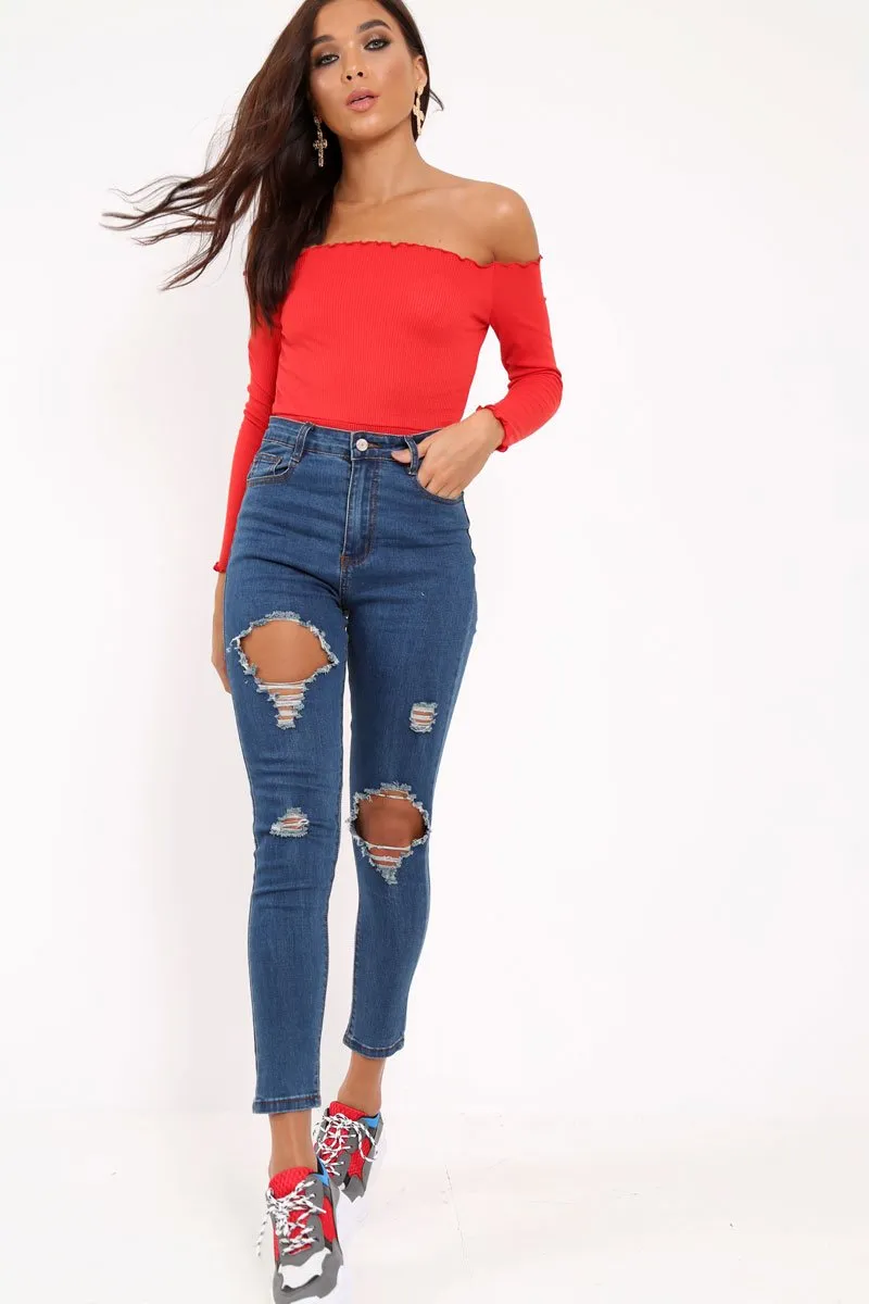 Distressed Dark Denim Skinny Jeans - Delanie