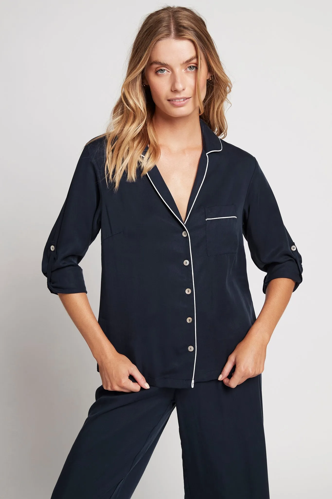 Eva Lounge Tencel™ Pyjama Set - Navy with White Piping