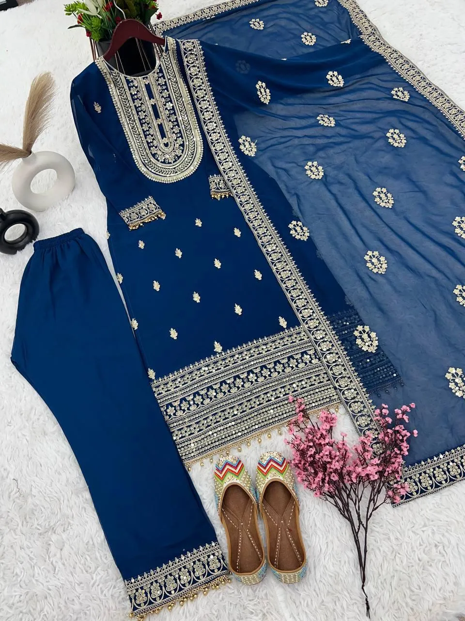 Exquisite Blue Color Heavy Faux Georgette Embroidery Coding Dori-Sequence Palazzo Suits