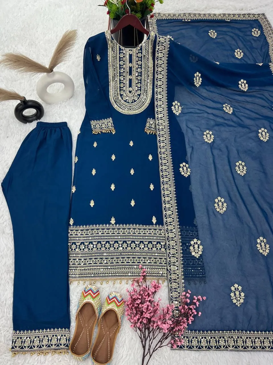 Exquisite Blue Color Heavy Faux Georgette Embroidery Coding Dori-Sequence Palazzo Suits