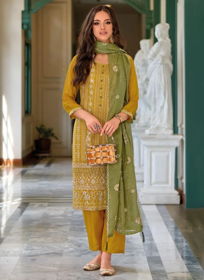 Fascinating Mustard Yellow Color Handwork PartyWear Designer Organza Salwar Suits With Dupatta