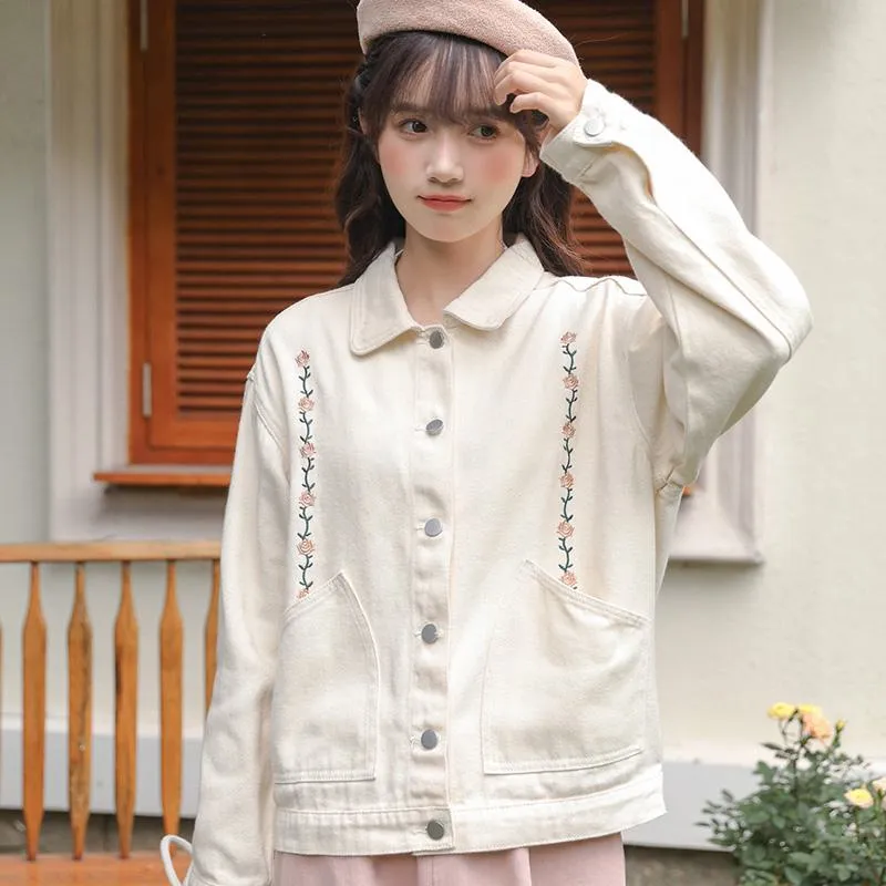 Flower Embroidery Loose Fit Washed Denim Jacket