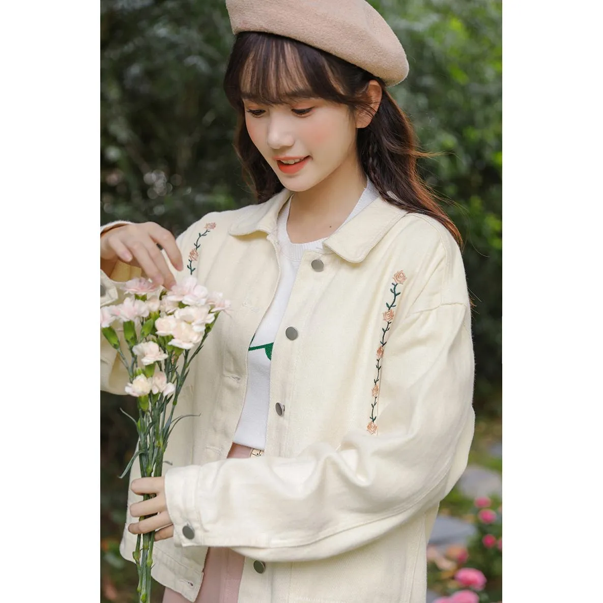 Flower Embroidery Loose Fit Washed Denim Jacket