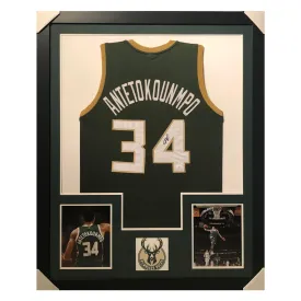 Giannis Antetokounmpo Signed Milwaukee Framed Vertical Layout Green Jersey (JSA)