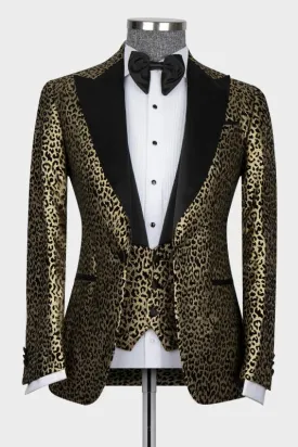 Gold Three Pieces Prom Suits with Black Peaked Lapel Bestmen Txuedo