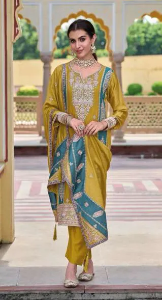 Gorgeous Premium Silk Mustard Yellow Colored Embroidery Work Salwar Suits With Fancy Dupatta