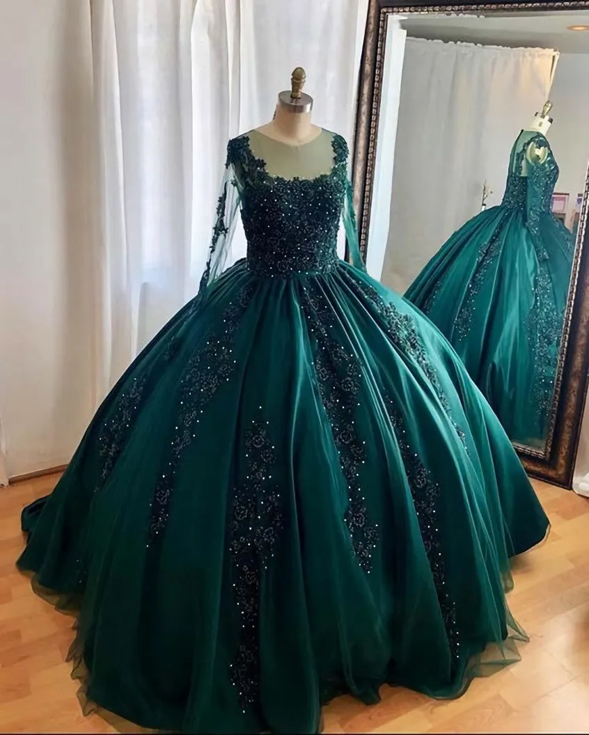 Hunter Green Prom Dress Ball Gown Prom Gowns Long Sleeves