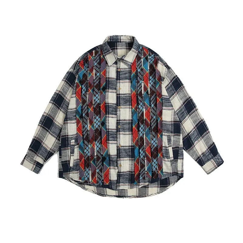 Japanese Streetwear Color Plaid Shirt Men Clothing with Patchwork