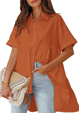 Mecca Orange 2023 Button Down Shirts for Women Oversized Short Sleeve Blouses Babydoll Flowy High Low Tunic Tops Summer