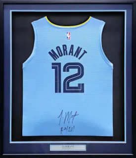 Memphis Grizzlies Ja Morant Autographed Framed Light Blue Fanatics Jersey "ROY 20" Beckett BAS QR Stock #212659