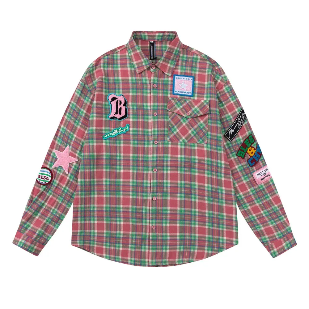 Mens Retro Casual Plaid Shirt with Patch Embroidery and Single Breasted Closure