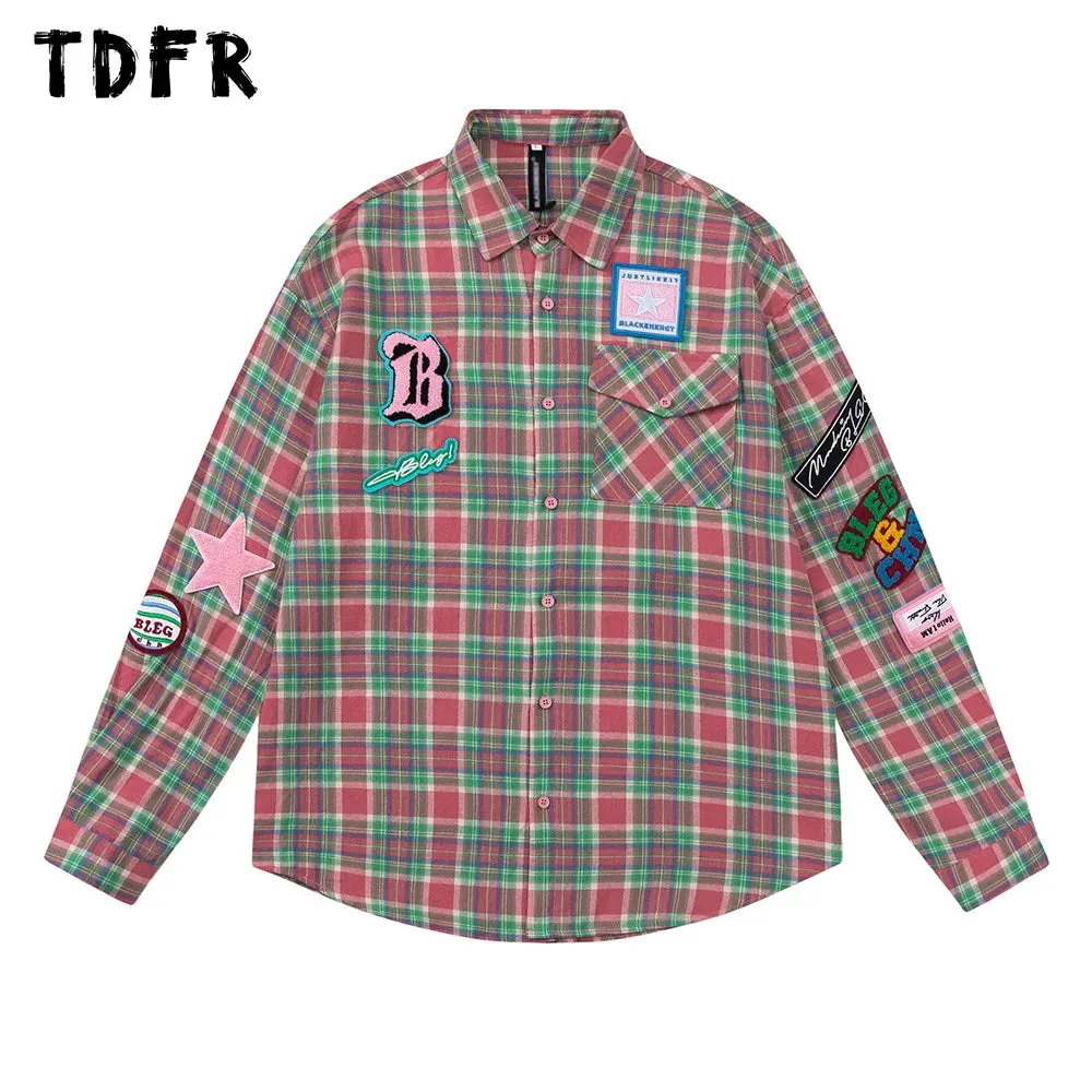 Mens Retro Casual Plaid Shirt with Patch Embroidery and Single Breasted Closure