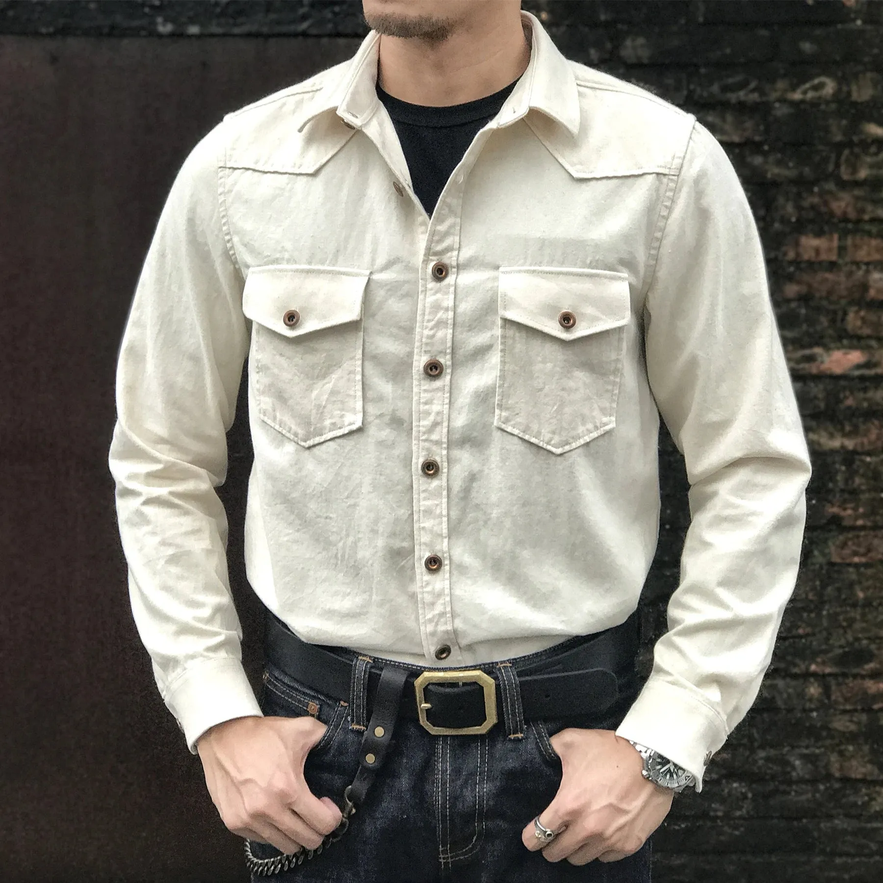 Men's Vintage Button Up Cotton Shirt with Long Sleeves