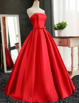 Red Ball Gown Long Satin Pleats Floor Length Party Gowns