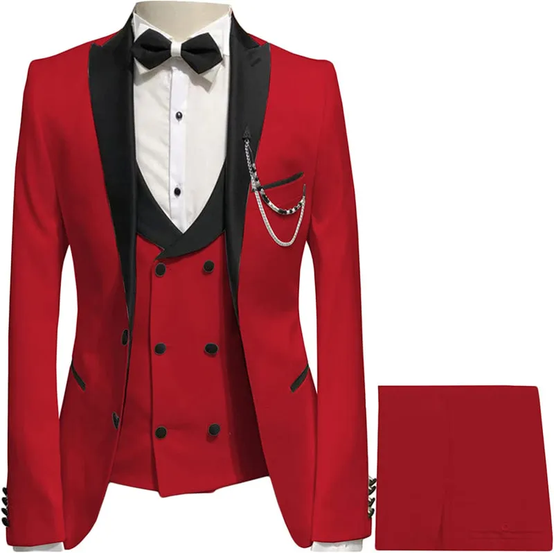 Red Peaked Lapel Three Pieces Custom Prom Suits Bestmen Tuxedo