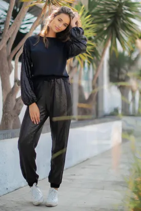 Sequin Jogger Pants With Satin Contrast-Black *FINAL SALE*