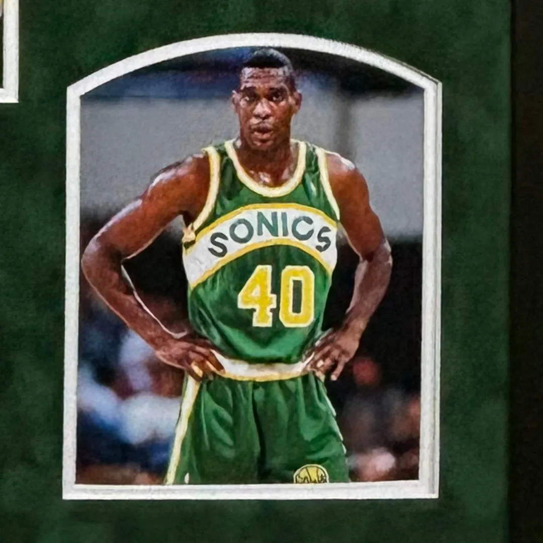 Shawn Kemp Signed Seattle Green Custom Suede Matte Framed Basketball Jersey (JSA)