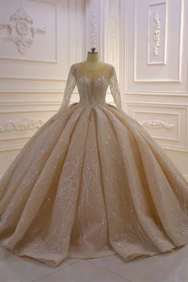 Shiny Ball Gown Tulle Jewel Long Sleevess Ruffless Wedding Dress