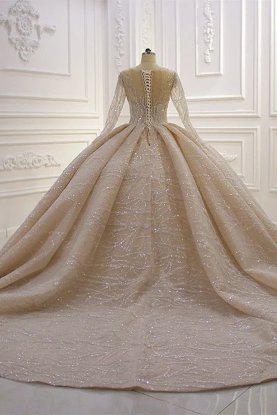 Shiny Ball Gown Tulle Jewel Long Sleevess Ruffless Wedding Dress