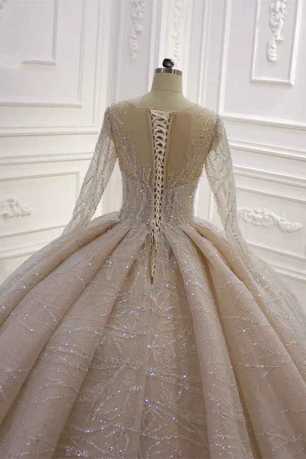 Shiny Ball Gown Tulle Jewel Long Sleevess Ruffless Wedding Dress