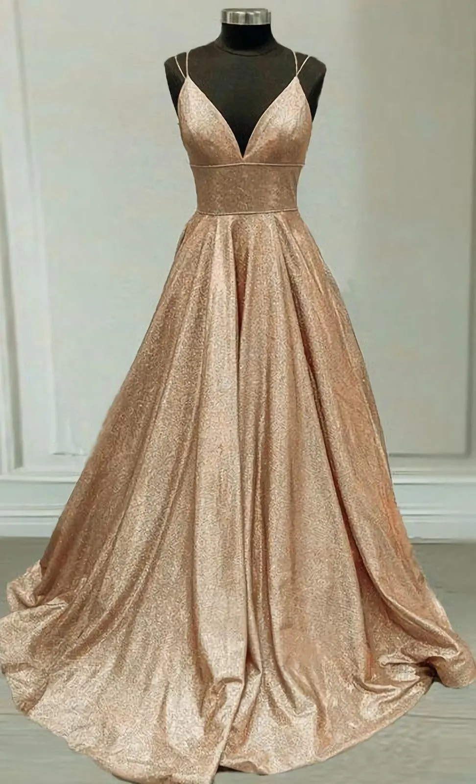 Sparkly Prom Dresses Champagne Gold Ball Gown V Neck With Multi Straps