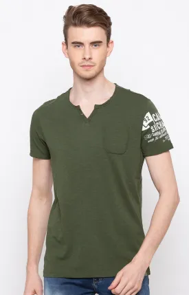 Spykar Dark Olive Melange Slim Fit Men T-Shirts