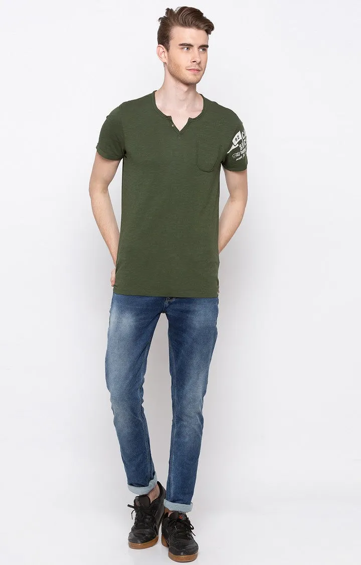 Spykar Dark Olive Melange Slim Fit Men T-Shirts