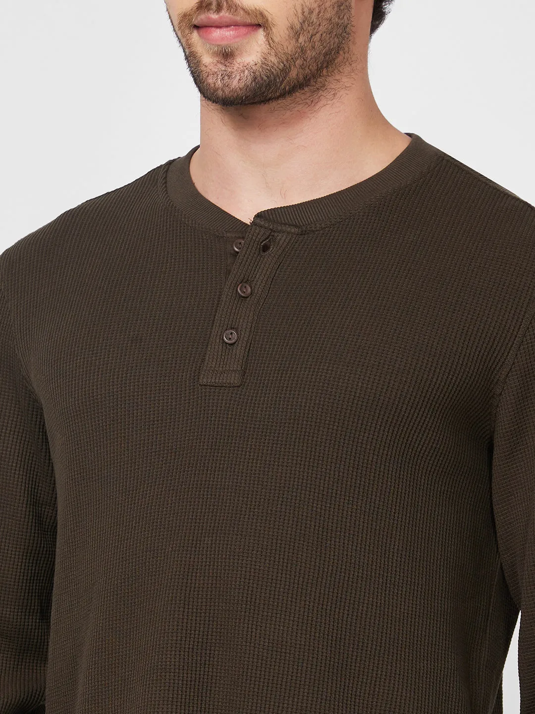 Spykar Henley Neck Full Sleeve Green Solid T-Shirt For Men