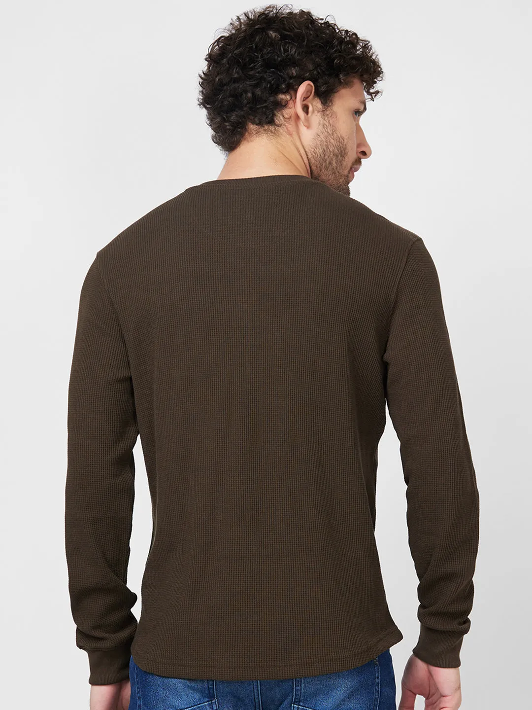 Spykar Henley Neck Full Sleeve Green Solid T-Shirt For Men