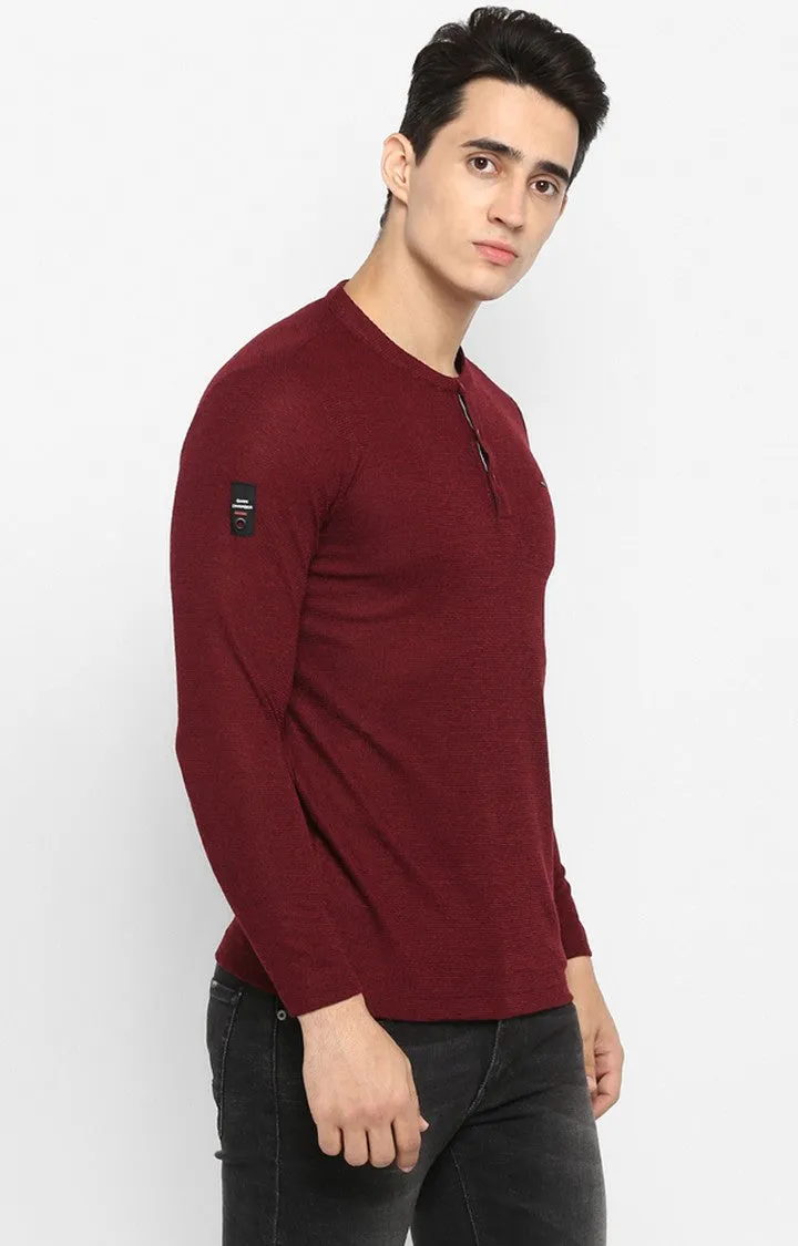 Spykar Wine Melange Slim Fit Men T-Shirts