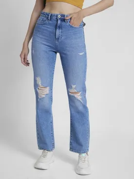 Spykar Women Light Blue Cotton Straight Fit Regular Length Mild Distressed Jeans -(Bella)