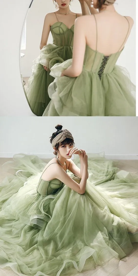 Straps sage green ball gown spring formal prom dress