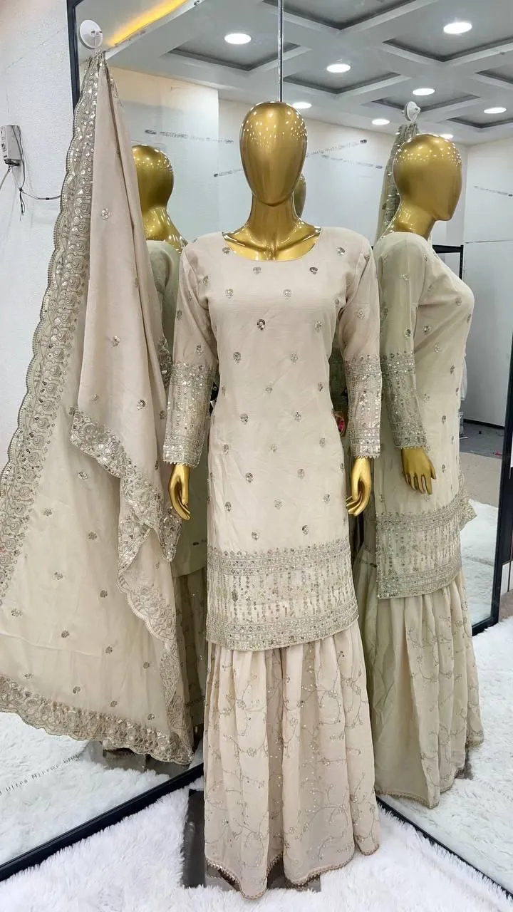 Stunning White Colored Pure Chinon With Heavy Embroidery Sequins Work Sharara Suits With Dupatta