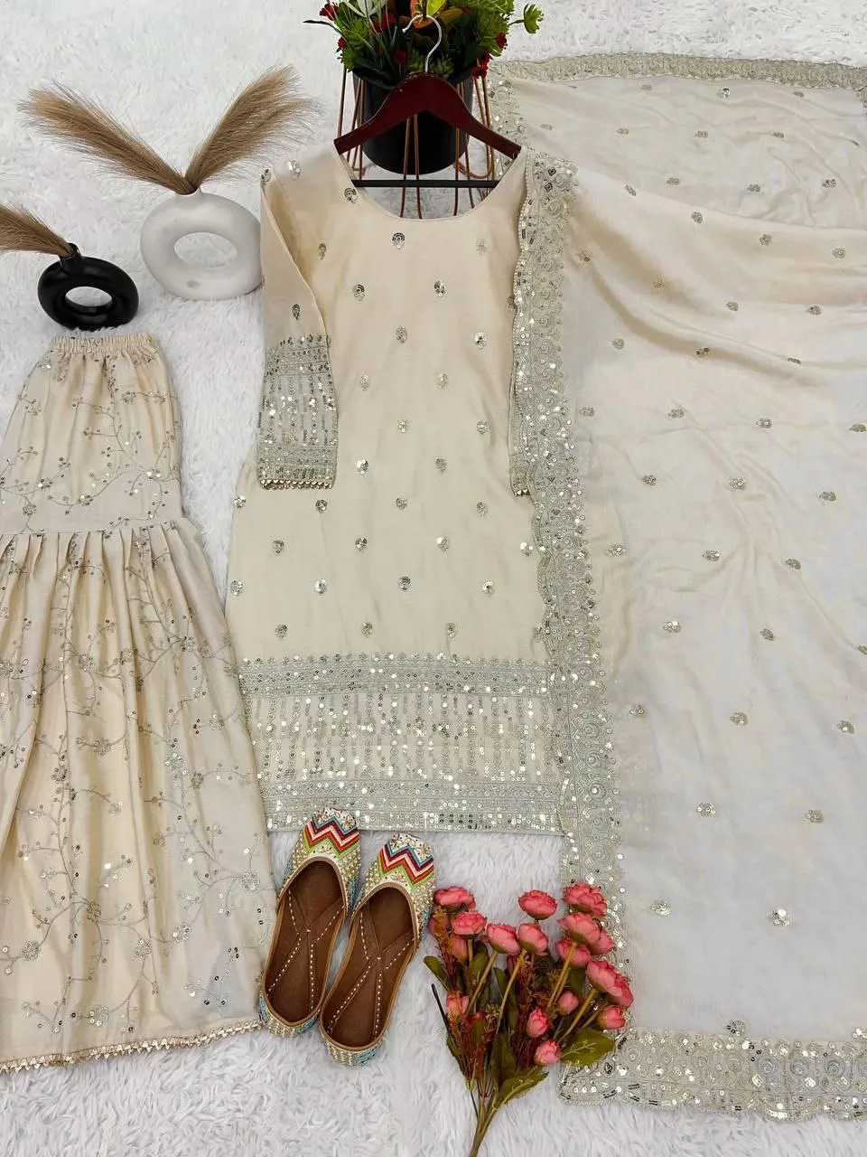 Stunning White Colored Pure Chinon With Heavy Embroidery Sequins Work Sharara Suits With Dupatta